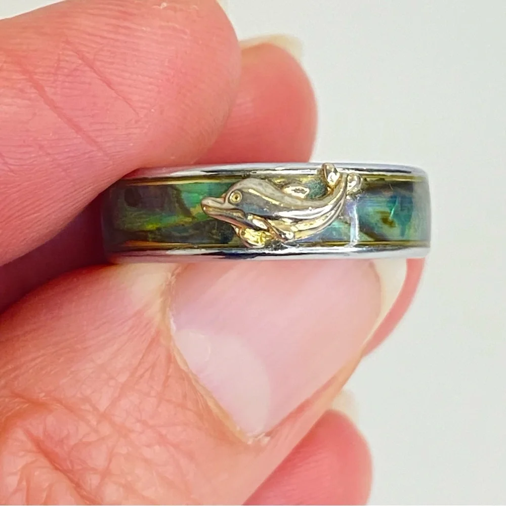 Vintage‎ Silver Tone Dolphin Green Blue Abalone Mother of Pearl Shell Band Ring